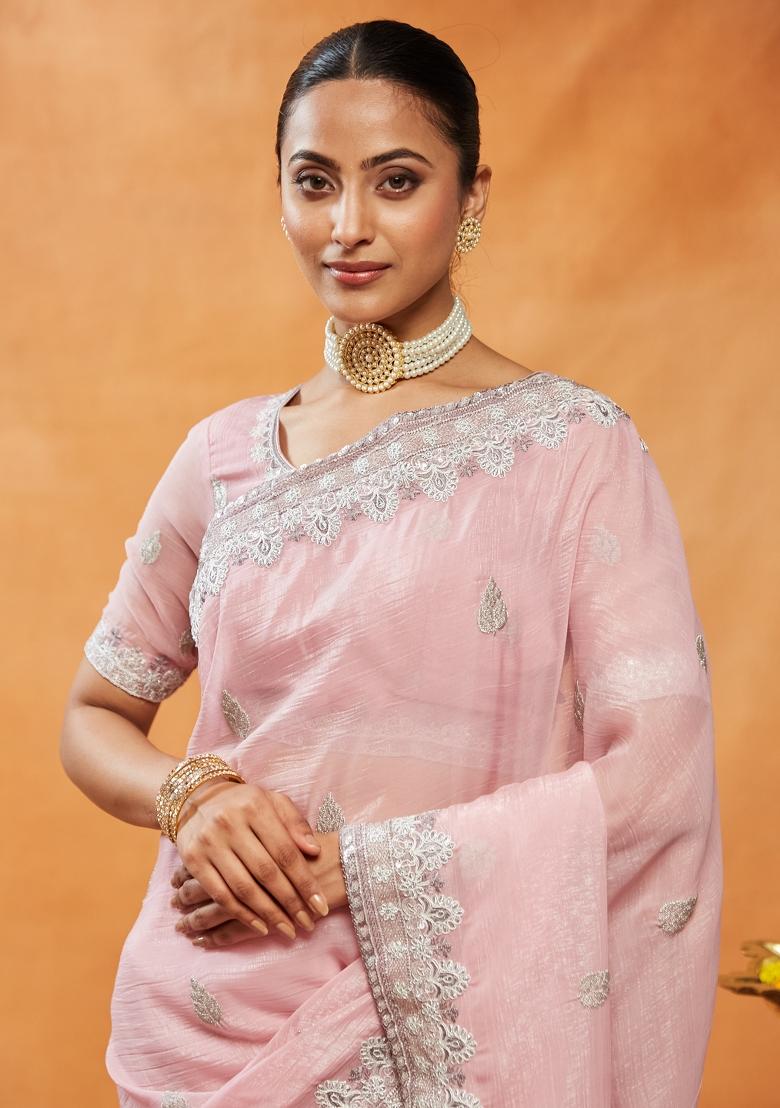 Pink Embellished Silk Blend Saree Set