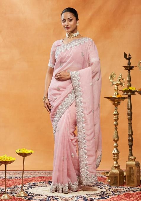 Pink Embellished Silk Blend Saree Set