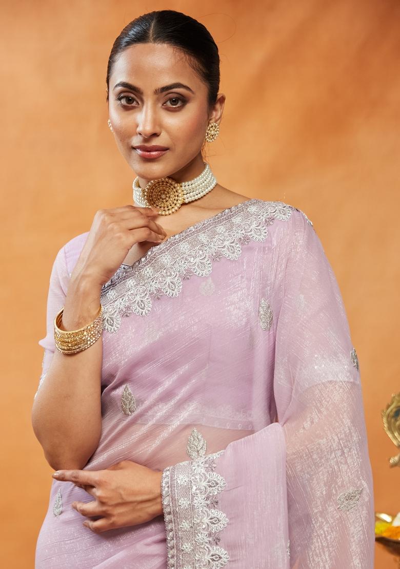 Lavender Embroidered Silk Blend Saree Set