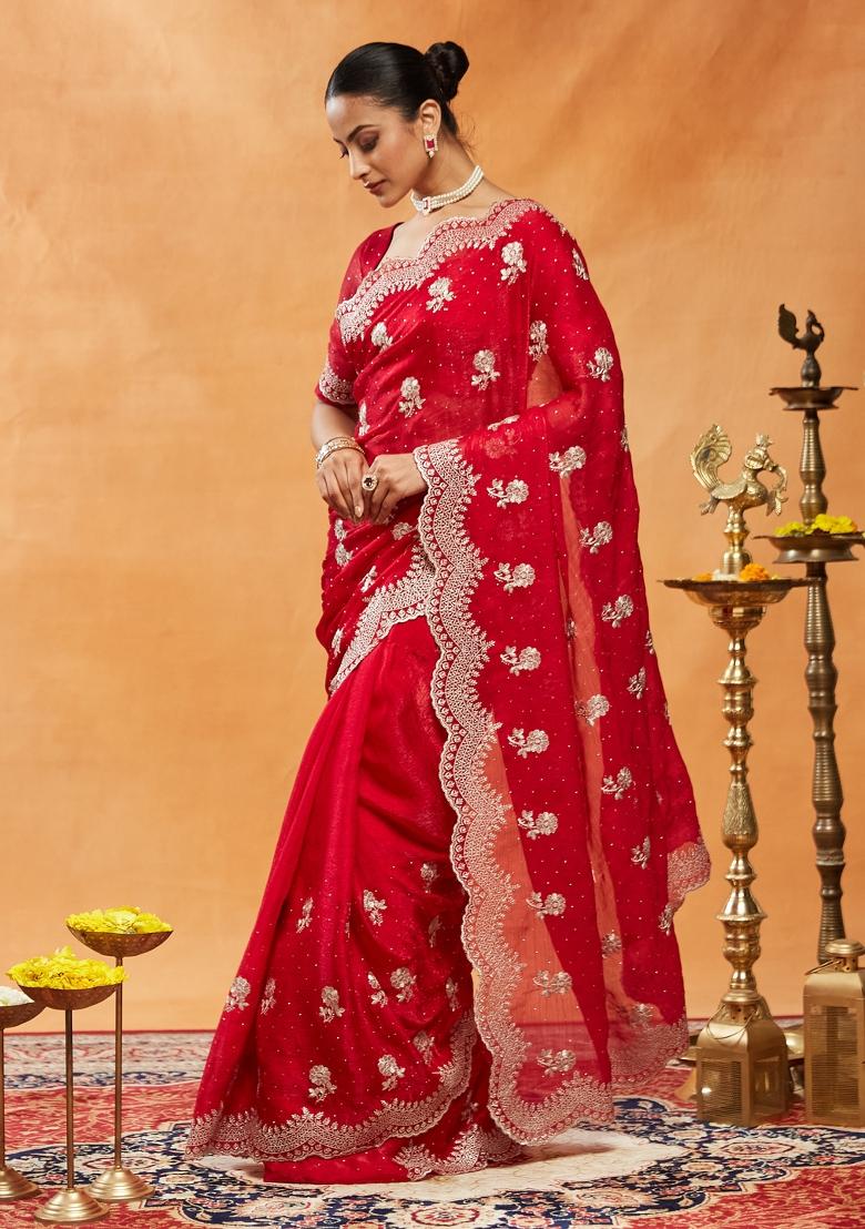 Red Embroidered Chiffon Saree Set