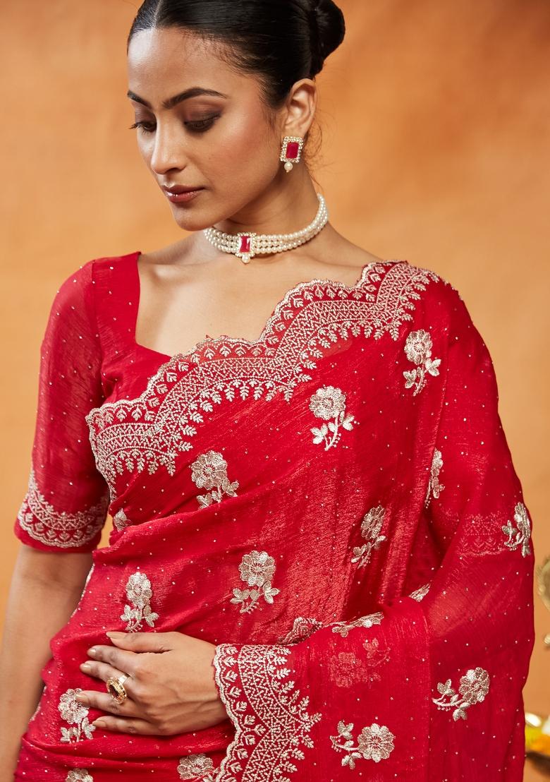 Red Embroidered Chiffon Saree Set