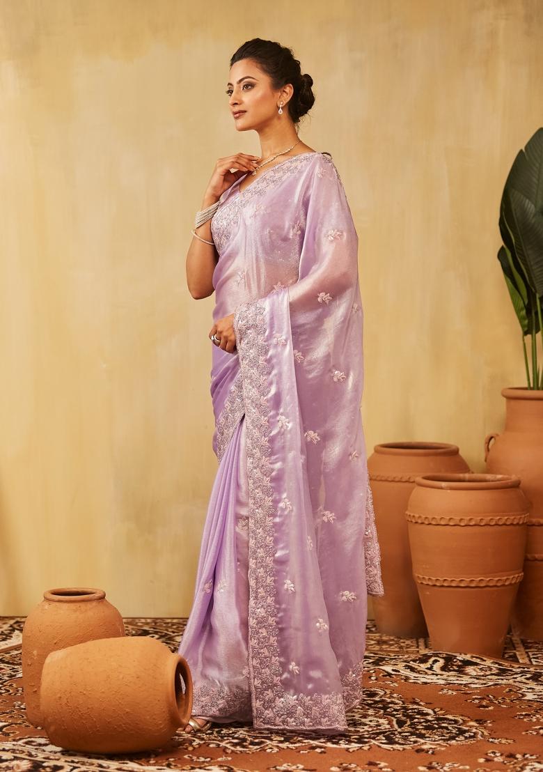 Lavender Embroidered Chiffon Saree Set