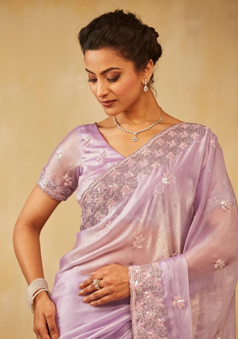 Lavender Embroidered Chiffon Saree Set