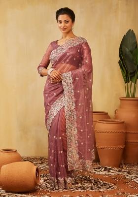 Lavender Embroidered Net Saree Set
