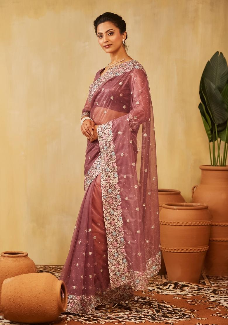 Lavender Embroidered Net Saree Set