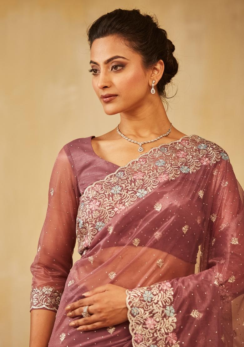 Lavender Embroidered Net Saree Set
