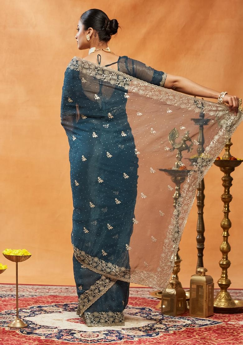 Turquoise Blue Embroidered Chiffon Saree Set