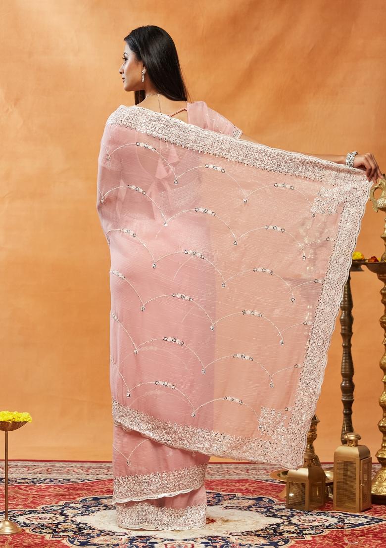 Pink Embroidered Chiffon Saree Set