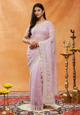 Lavender Embroidered Chiffon Saree Set
