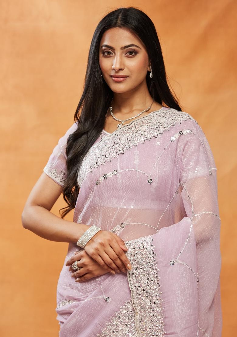 Lavender Embroidered Chiffon Saree Set