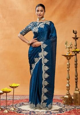 Turquoise Blue Embroidered Silk Blend Saree Set