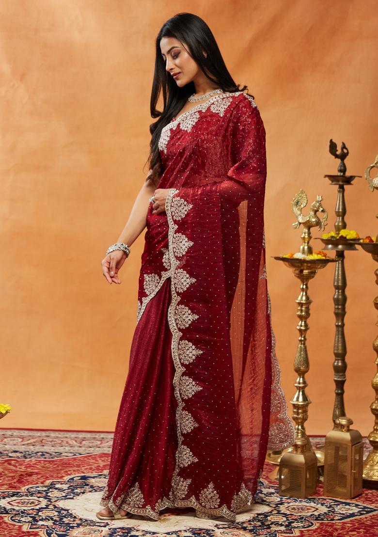 Maroon Embroidered Silk Blend Saree Set
