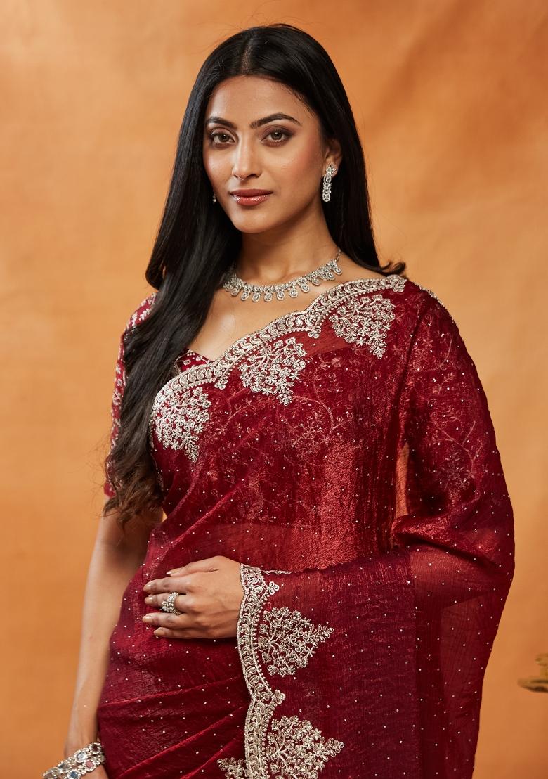 Maroon Embroidered Silk Blend Saree Set