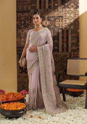 Lavender Embellished Georgette Saree Set