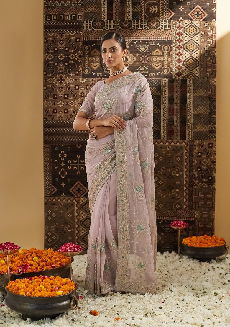 Lavender Embellished Georgette Saree Set