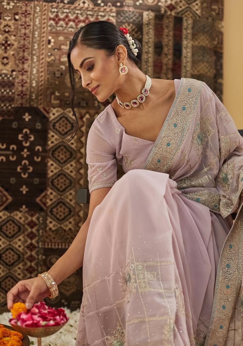 Lavender Embellished Georgette Saree Set