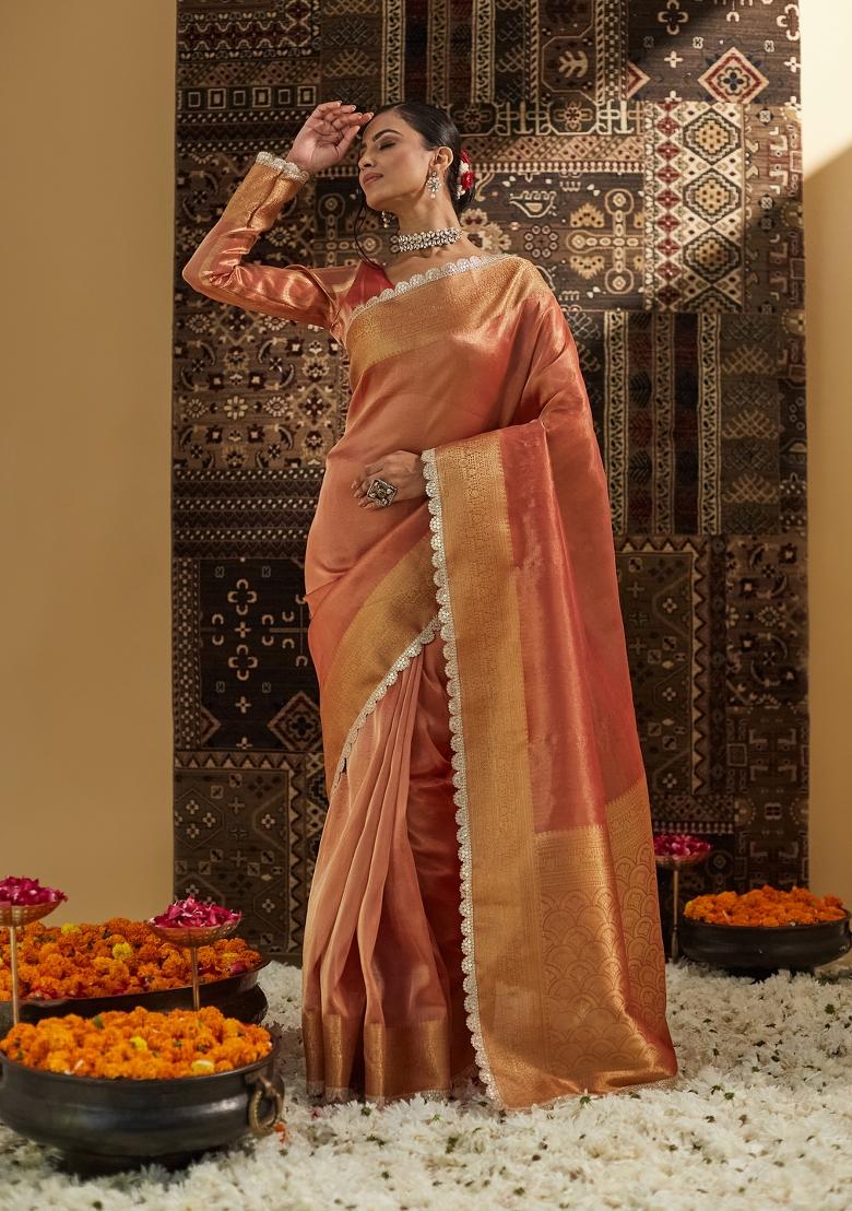 Peach Woven Silk Blend Saree Set