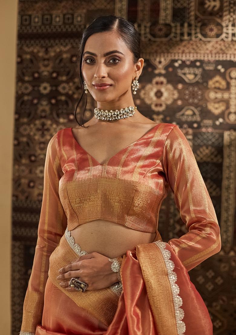 Peach Woven Silk Blend Saree Set