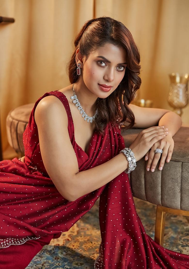 Gajri Pink Embroidered Silk Blend Saree Set