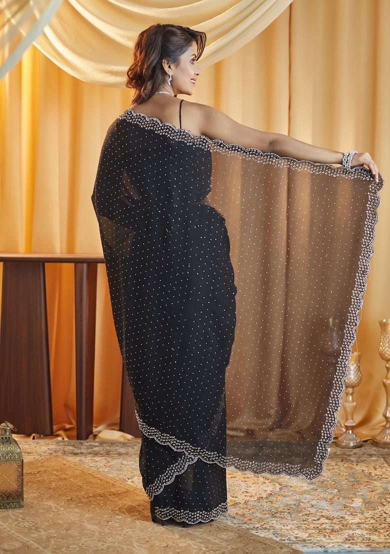Black Embroidered Silk Blend Saree Set