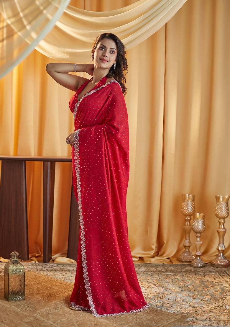 Cherry Red Embellished Silk Blend Saree Set