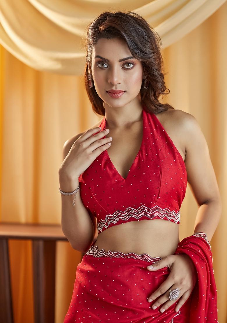 Cherry Red Embellished Silk Blend Saree Set