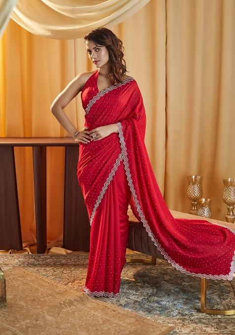 Cherry Red Embellished Silk Blend Saree Set