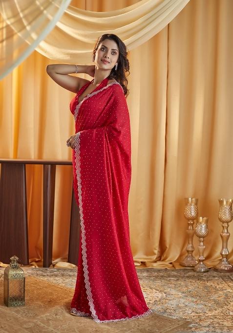 Red Embellished Silk Blend Saree With Unstitched Blouse Piece