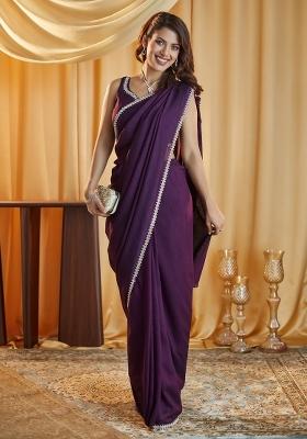 Voilet Embroidered Silk Blend Saree Set