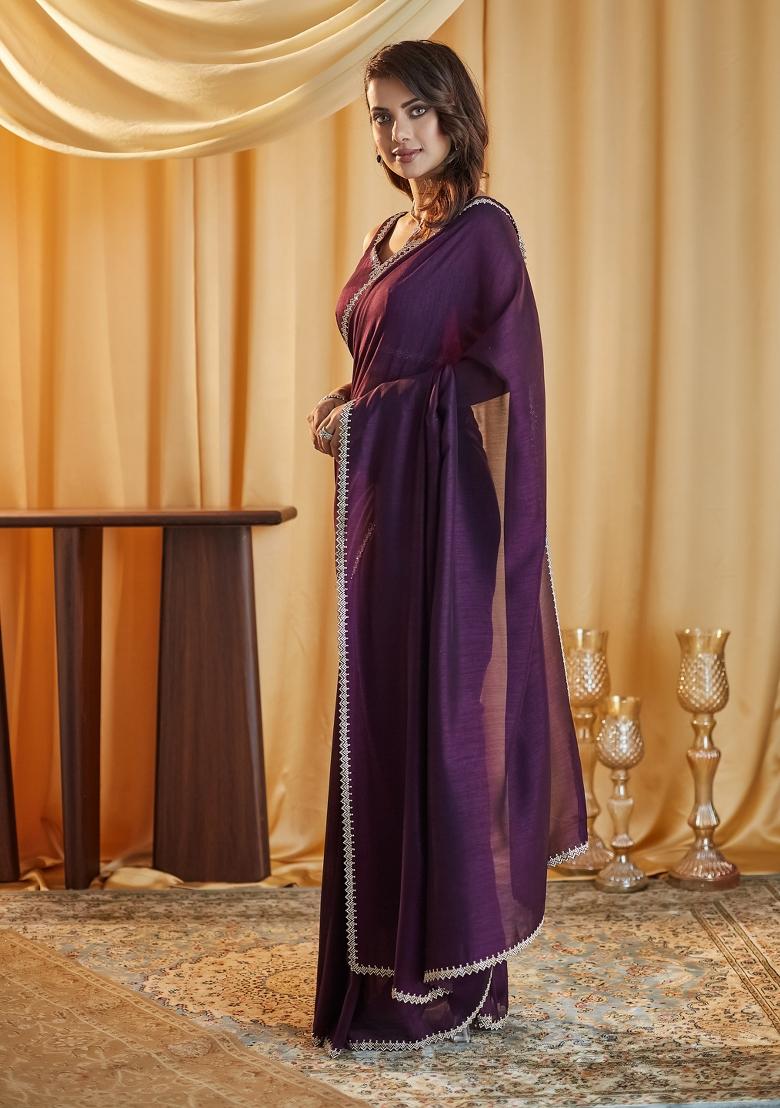 Voilet Embroidered Silk Blend Saree Set