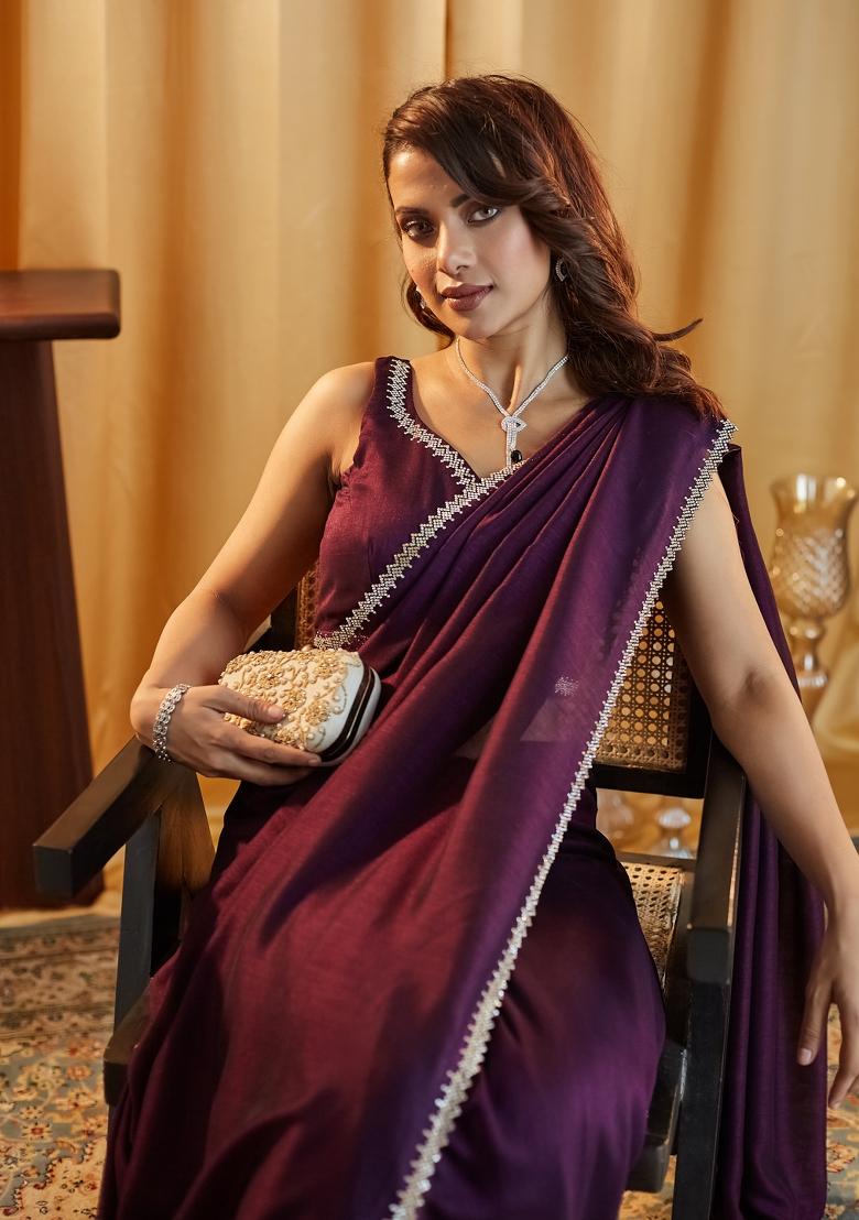 Voilet Embroidered Silk Blend Saree Set