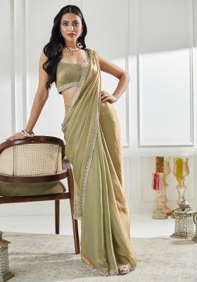 Pista Green Embroidered Silk Blend Saree Set