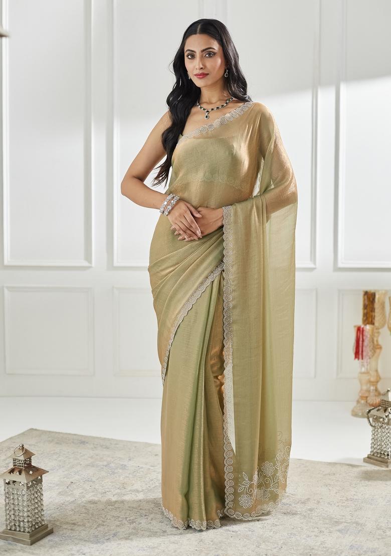 Pista Green Embroidered Silk Blend Saree Set