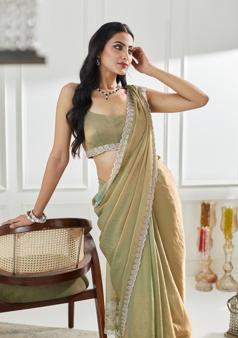 Pista Green Embroidered Silk Blend Saree Set