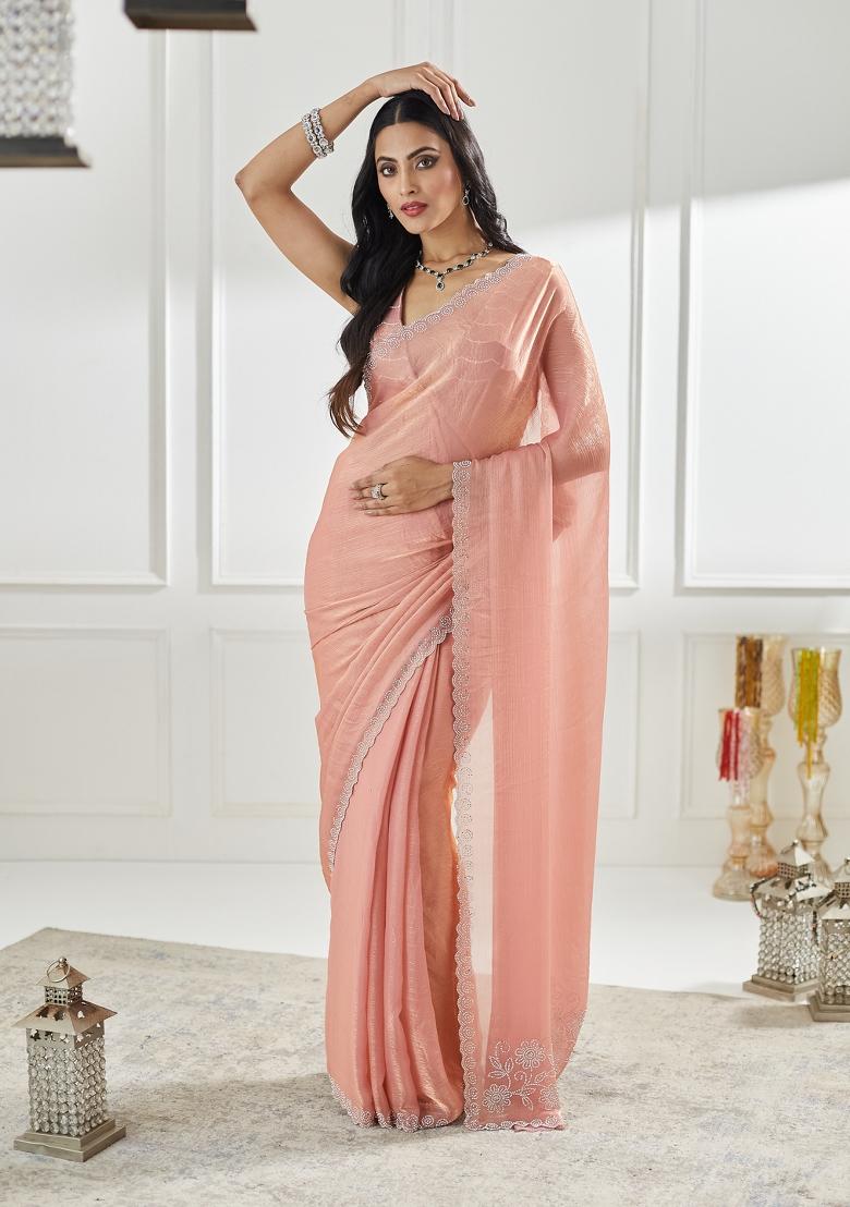 Pink Embroidered Silk Blend Saree Set