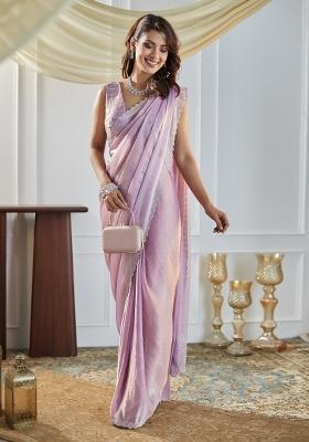 Lavender Embroidered Silk Blend Saree Set