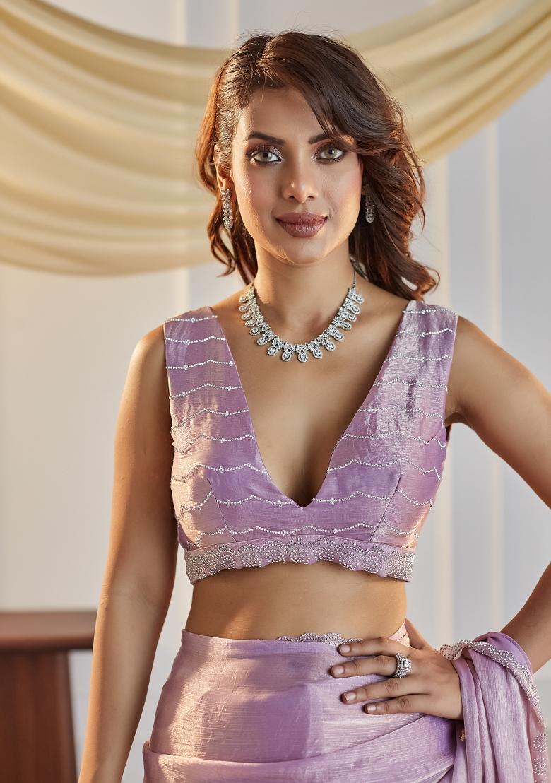 Lavender Embroidered Silk Blend Saree Set