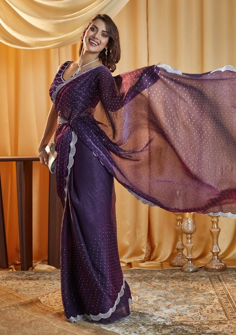 Magenta Embroidered Silk Saree Set