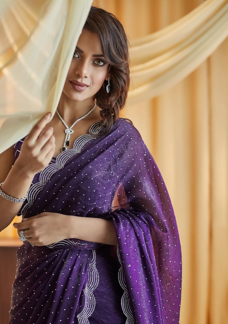 Magenta Embroidered Silk Saree Set