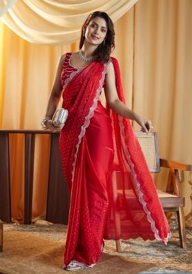 Cherry Red Embroidered Silk Saree Set