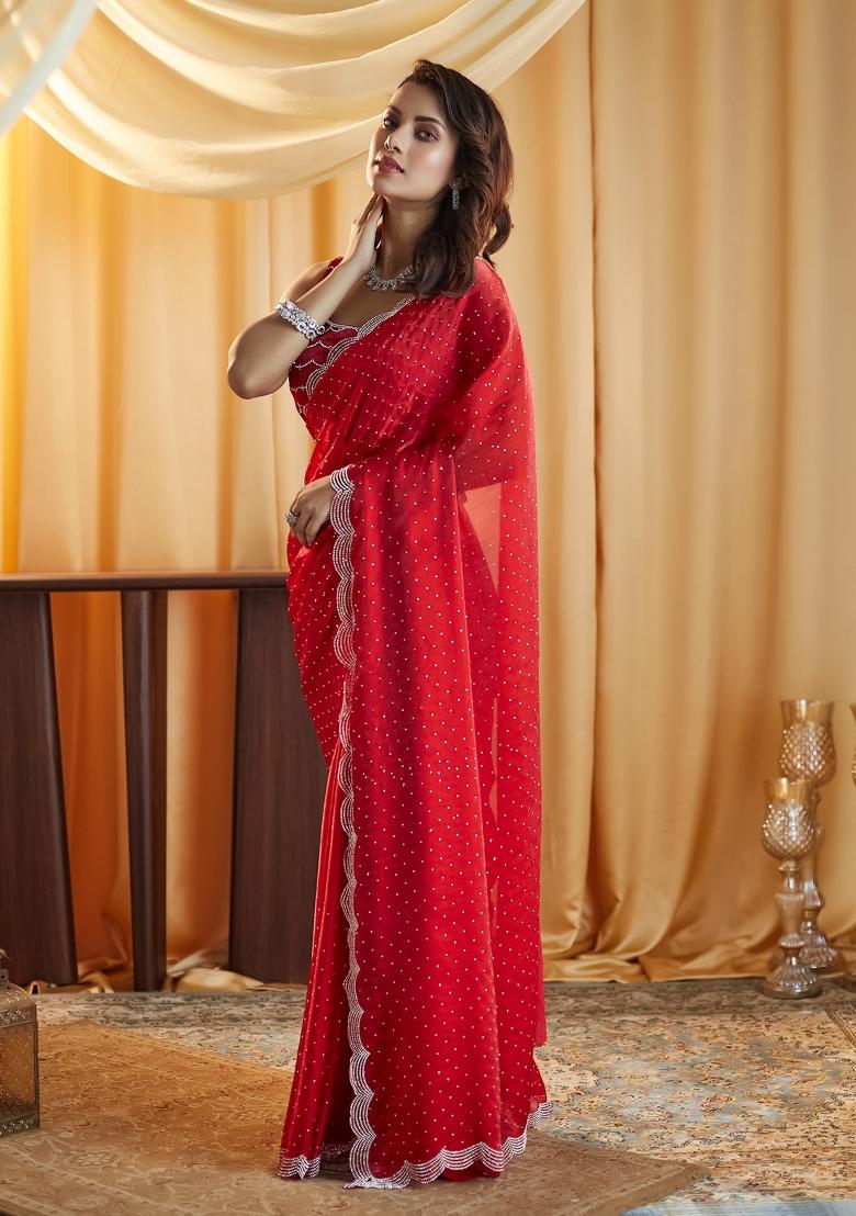 Cherry Red Embroidered Silk Saree Set