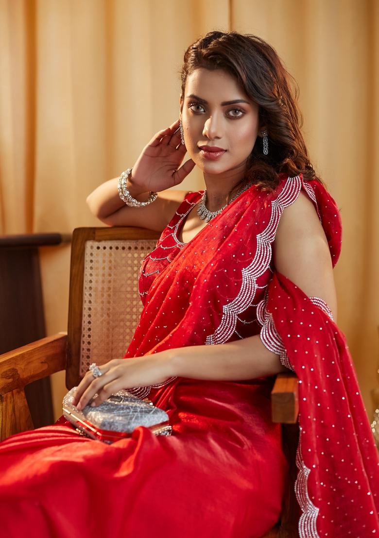 Cherry Red Embroidered Silk Saree Set