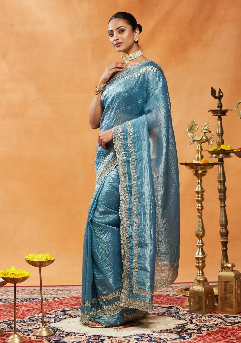 Teal Blue Embroidered Organza Saree Set