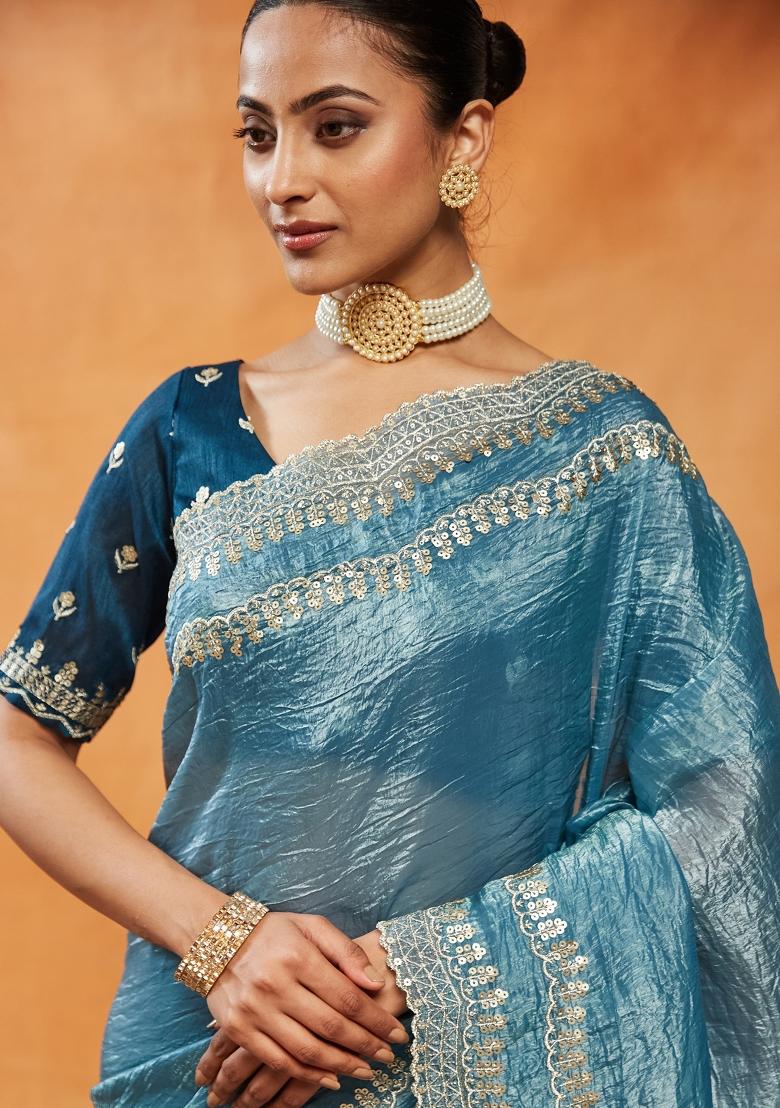 Teal Blue Embroidered Organza Saree Set
