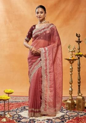 Rust Brown Embroidered Organza Saree Set