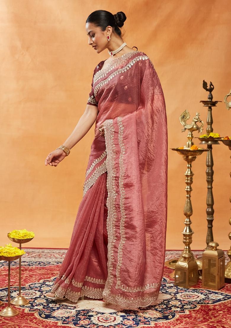 Rust Brown Embroidered Organza Saree Set
