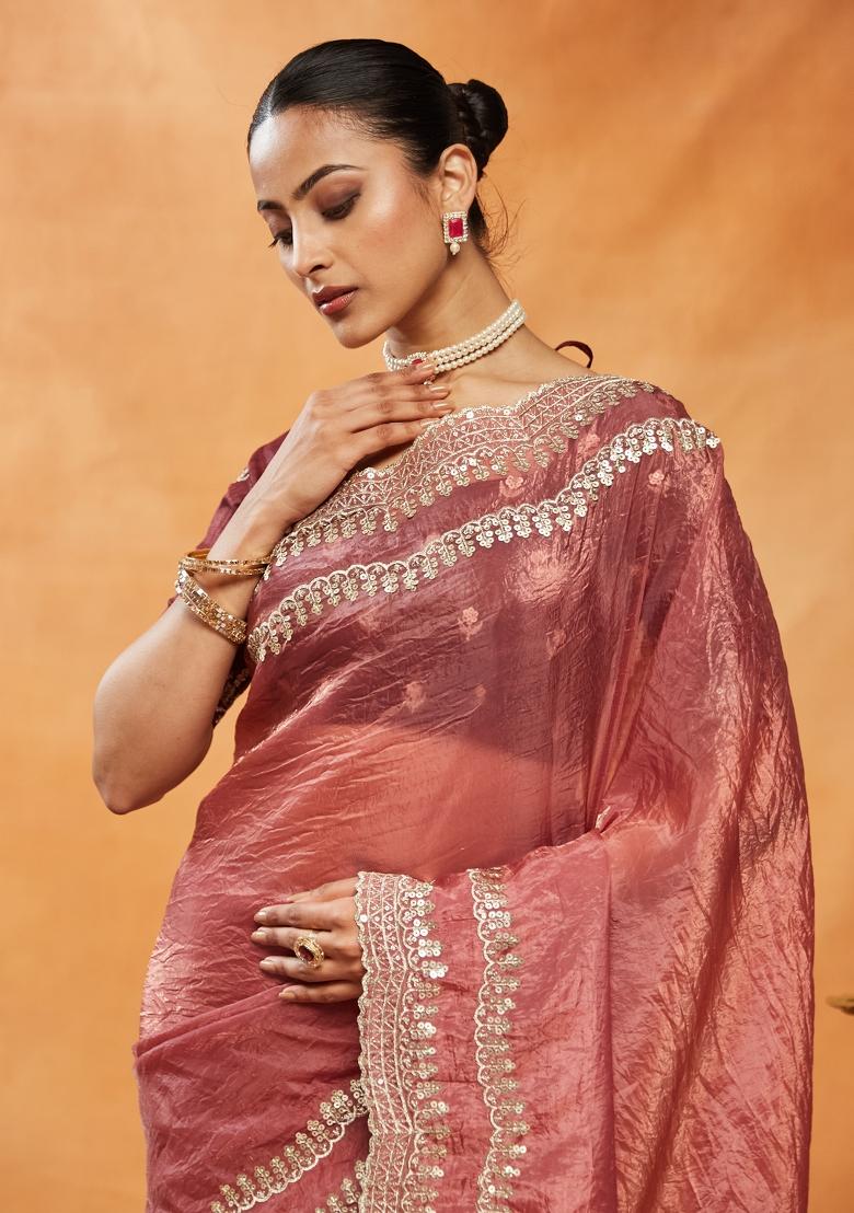 Rust Brown Embroidered Organza Saree Set