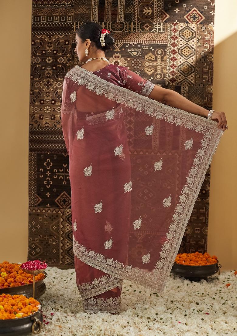 Rust Brown Embroidered Net Saree Set