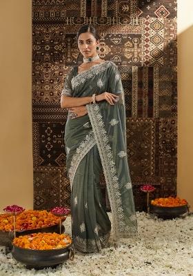 Mehendi Green Embroidered Net Saree Set