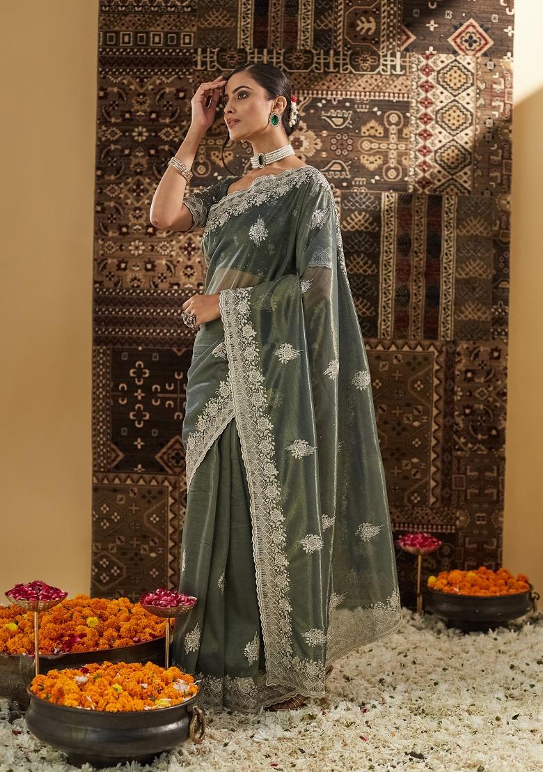 Mehendi Green Embroidered Net Saree Set